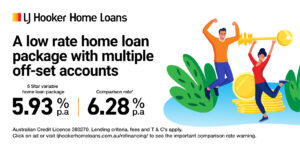 LJ-Hooker-Home-Loans-Facebook-Refinancing-May2026 LJ Hooker Home Loans banner showing the offer: 5.93% p.a. and 6.28% p.a. rates with a cheerful illustration of a couple jumping beside coins and a key on the right.