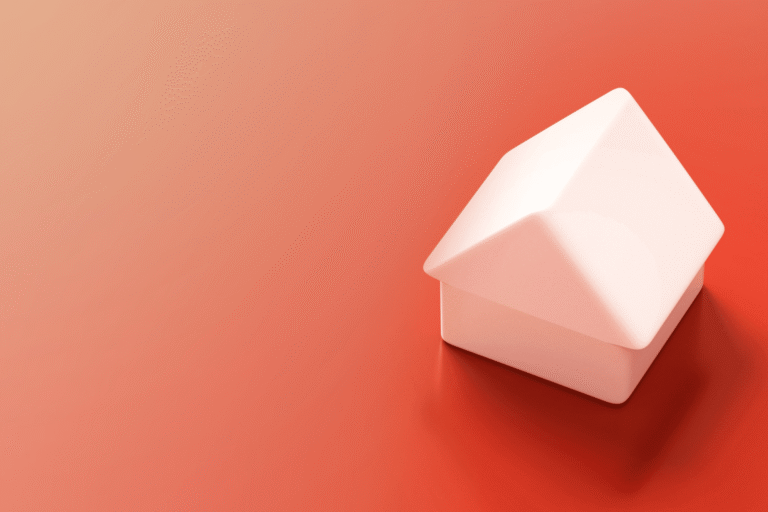 White 3D geometric house shape with a slanted roof on a warm orange gradient background.