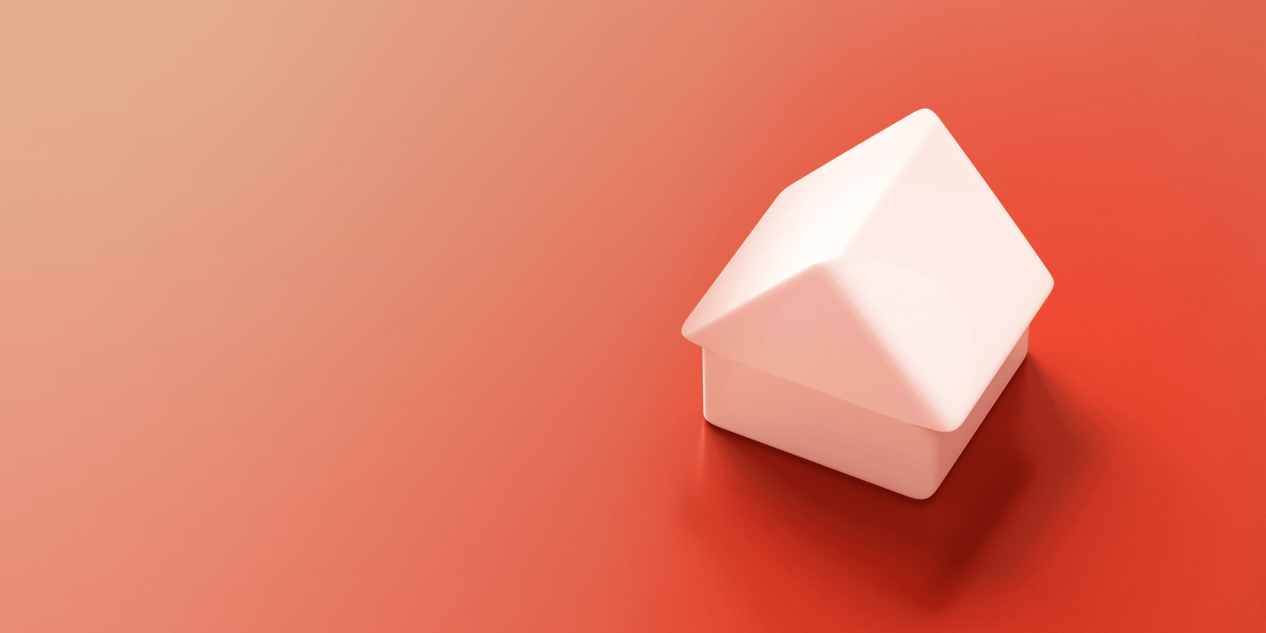 White 3D geometric house shape with a slanted roof on a warm orange gradient background.