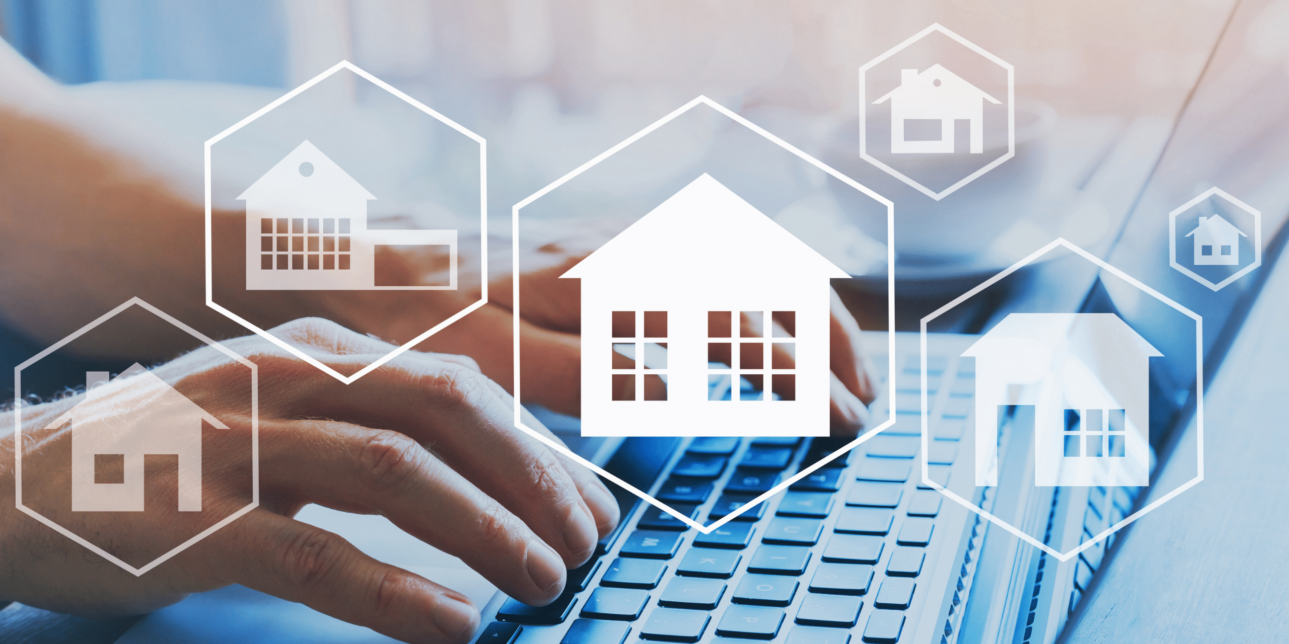 LJHHL_Blog_What_Happens_After_Pre-Approval Hands typing on a laptop with white hexagonal house icons overlay, signaling smart home tech or real estate connectivity.